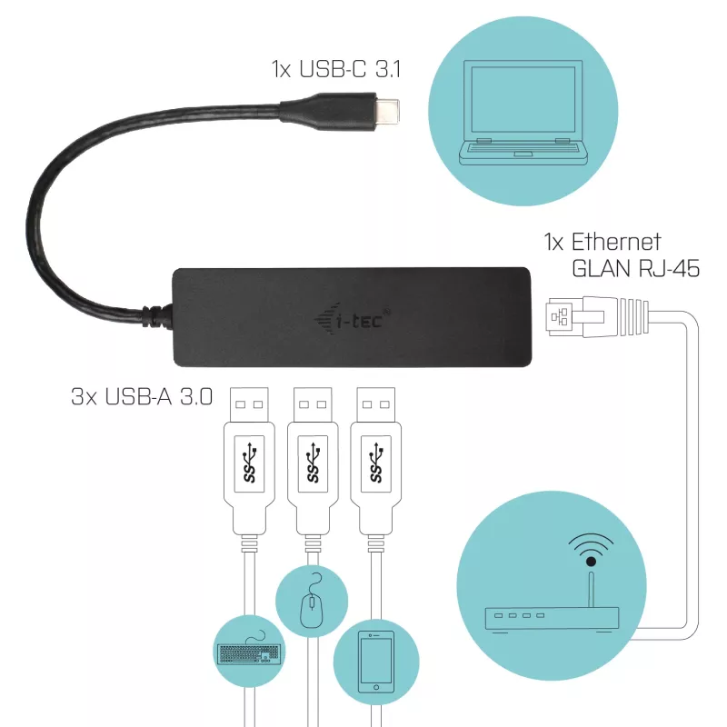 i-tec Advance USB-C λεπτό παθητικό HUB 3 θυρών + προσαρμογέας Gigabit Ethernet