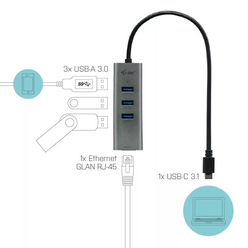 i-tec Metal USB-C HUB 3 θυρών + προσαρμογέας Gigabit Ethernet