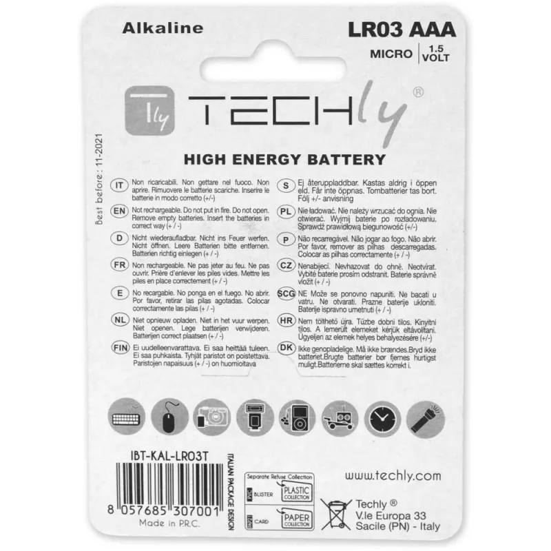 Techly Blister 4 μπαταρίες High Power Mini Stilo AAA Αλκαλικές LR03 1,5V IBT-KAL-LR03T