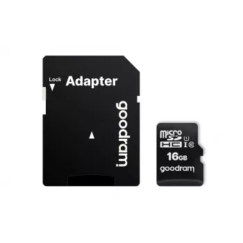 Κάρτα μνήμης MicroSDHC GOODRAM 16 GB Class 10 UHS-I (U1), Ανάγνωση 100 MB/s, Εγγραφή 10 MB/s, με προστασία από μαγνητισμό, με αντάπτορα SD