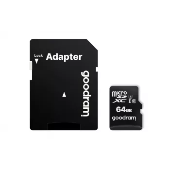Κάρτα μνήμης microSDXC GOODRAM 64 GB UHS-I Class 10 (U1), ταχύτητα ανάγνωσης 100 MB/s, ταχύτητα εγγραφής 10 MB/s, με αντάπτορα SD, μαύρη