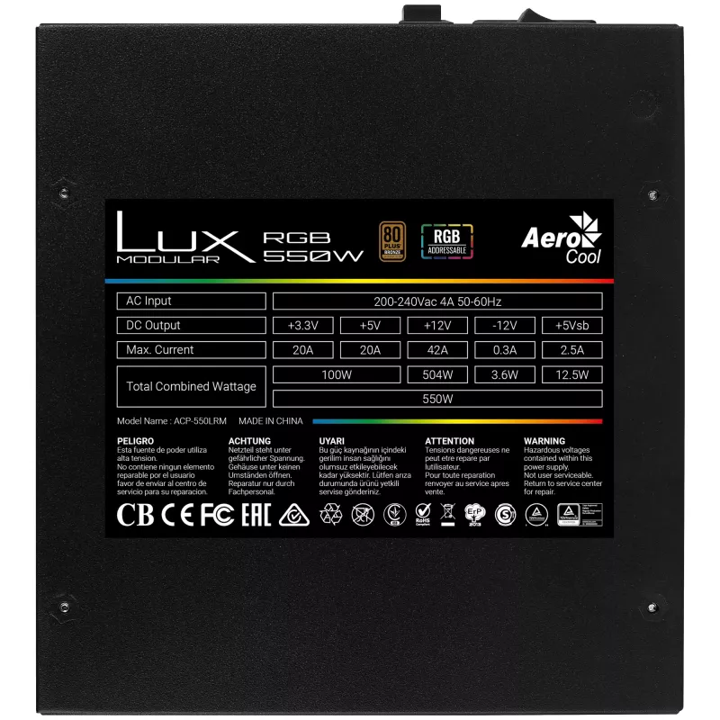 Aerocool LUXRGB550M RGB Modular Τροφοδοτικό PC 550W 80Plus Bronze 230V Μαύρο