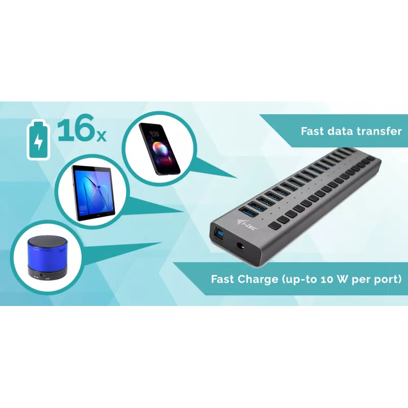 i-tec USB 3.0 Hub φόρτισης 16 θυρών + τροφοδοτικό 90 W
