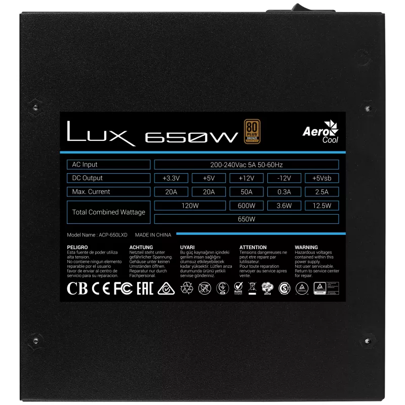 Aerocool LUX650 Τροφοδοτικό PC 650W 80 Plus Bronze 230V 88% Απόδοση Μαύρο