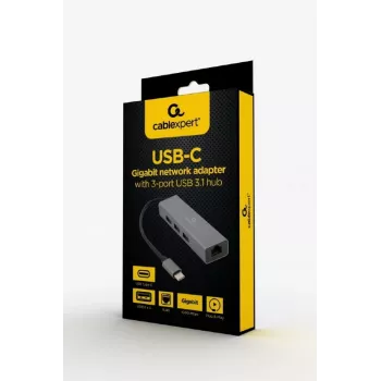 Docking adapter Gembird A-CMU3-LAN-01 — USB-C 3.2 Gen 1, 1× Gigabit-LAN, 3× USB-A, μεταλλικό κουτί, γκρι