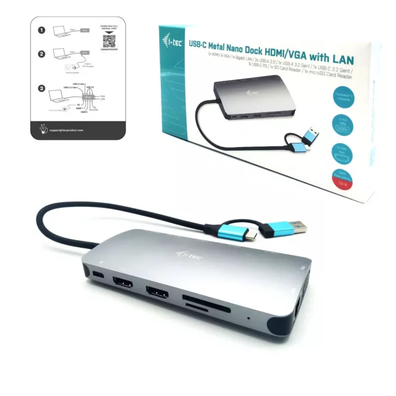 i-tec USB 3.0 USB-C/Thunderbolt 3x Display Metal Nano Dock με LAN + Power Delivery 100 W