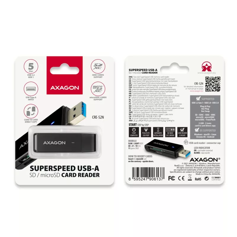 Card Reader Axagon CRE-S2N USB 3.2 Gen 1 Type-A μαύρο