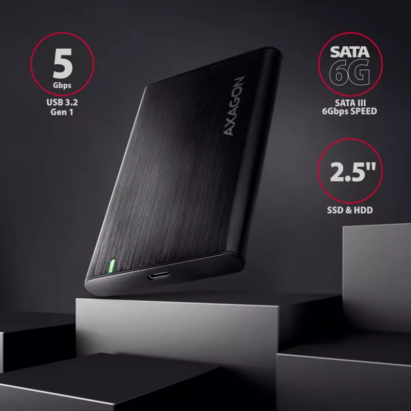 Θήκη HDD/SSD 2,5 ιντσών AXAGON EE25-A6C — SATA, USB 3.2 Gen 1 (Type-C & Type-A), αλουμίνιο, μαύρο