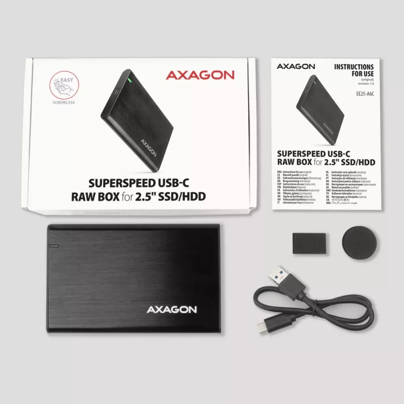 Θήκη HDD/SSD 2,5 ιντσών AXAGON EE25-A6C — SATA, USB 3.2 Gen 1 (Type-C & Type-A), αλουμίνιο, μαύρο