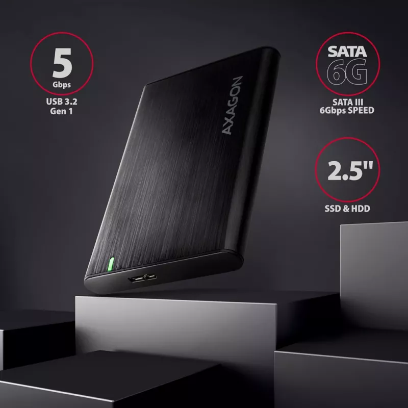Θήκη HDD/SSD AXAGON EE25-A6M — 2,5 ίντσες SATA, USB 3.2 Gen 1 (5 Gbit/s), Micro-USB B σε USB Type-A, αλουμίνιο, μαύρο