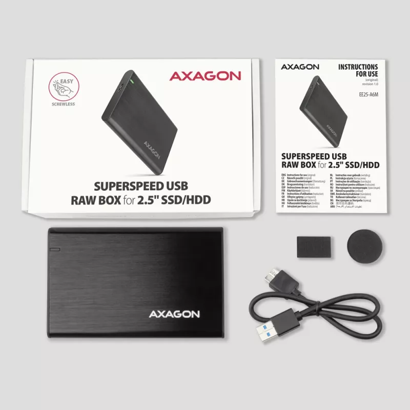 Θήκη HDD/SSD AXAGON EE25-A6M — 2,5 ίντσες SATA, USB 3.2 Gen 1 (5 Gbit/s), Micro-USB B σε USB Type-A, αλουμίνιο, μαύρο