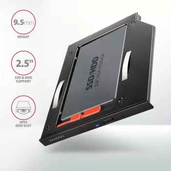 Axagon RSS-CD09 Πλαίσιο τοποθέτησης SSD/HDD 2,5 ιντσών για υποδοχή DVD 9,5 mm LED ALU Κάρτες διασύνδεσης/Προσαρμογείς Εσωτερικό SATA
