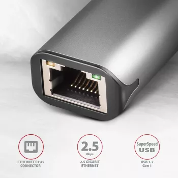 Προσαρμογέας 2.5 Gigabit Ethernet AXAGON ADE-25R — USB Type-C, 10/100/1000/2500 Mbit, 5000 Mbit/s, αλουμίνιο, γκρι