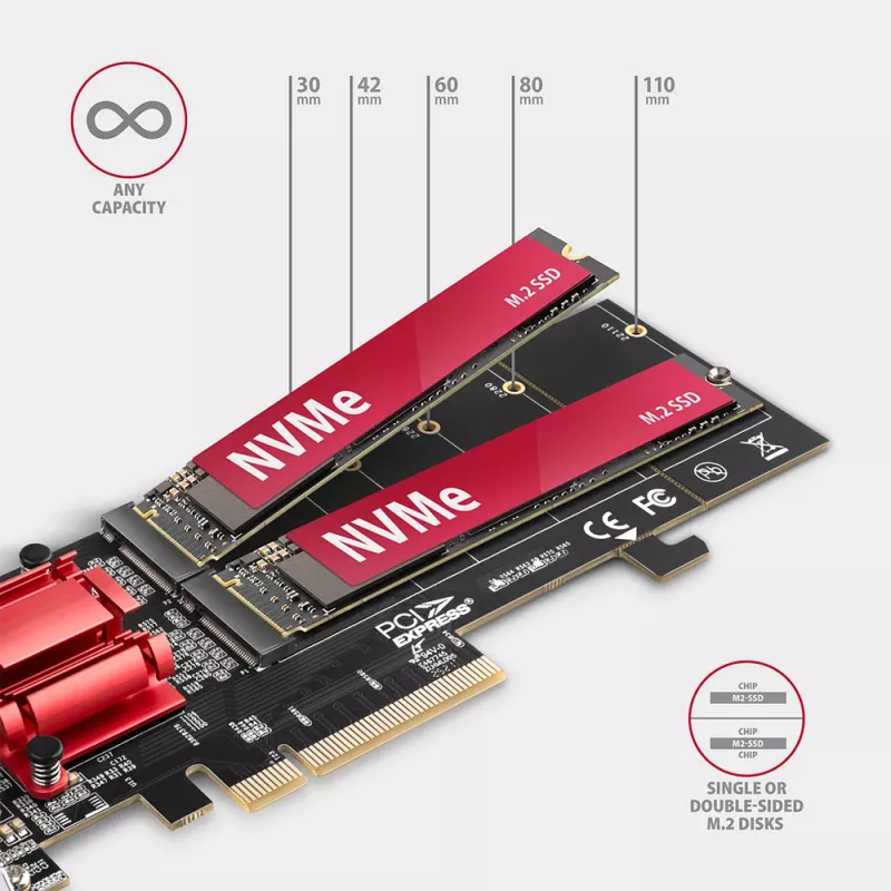 Axagon PCEM2-ND PCIe x8 - Διπλός M.2 NVMe M-Key Slot Adapter, RAID, Dataswitch, με SP & LP