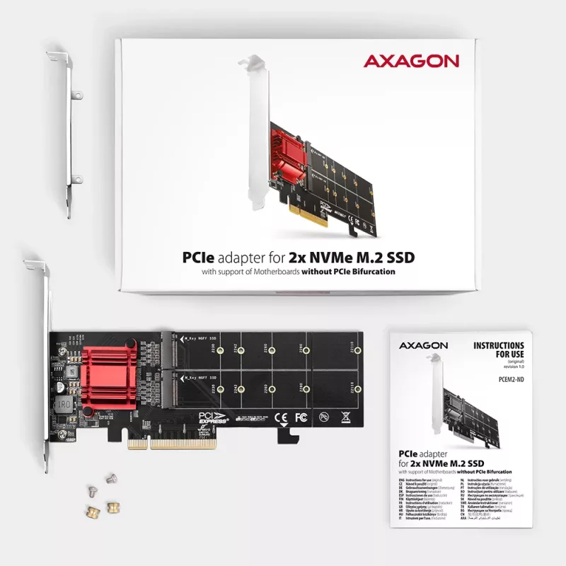 Axagon PCEM2-ND PCIe x8 - Διπλός M.2 NVMe M-Key Slot Adapter, RAID, Dataswitch, με SP & LP