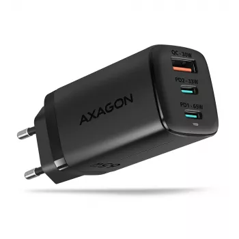 Axagon ACU-DPQ65 GaN Φορτιστής τοίχου 65W, 3 θύρες (USB-A + Dual-USB-C), PD3.0/QC4+/PPS/Apple