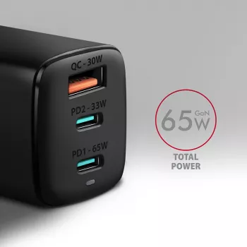 Axagon ACU-DPQ65 GaN Φορτιστής τοίχου 65W, 3 θύρες (USB-A + Dual-USB-C), PD3.0/QC4+/PPS/Apple