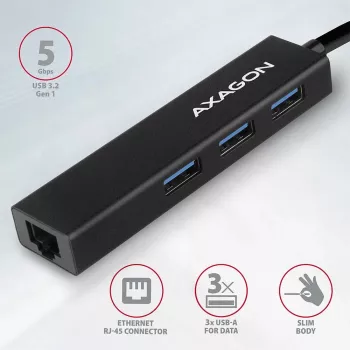 Axagon HMA-GL3A Multiport Hub USB 3.0 Type A Gbit-LAN 3x USB-A microSD Ενσύρματο USB 3.2 Gen 1 (3.1 Gen 1) Type-A Μαύρο
