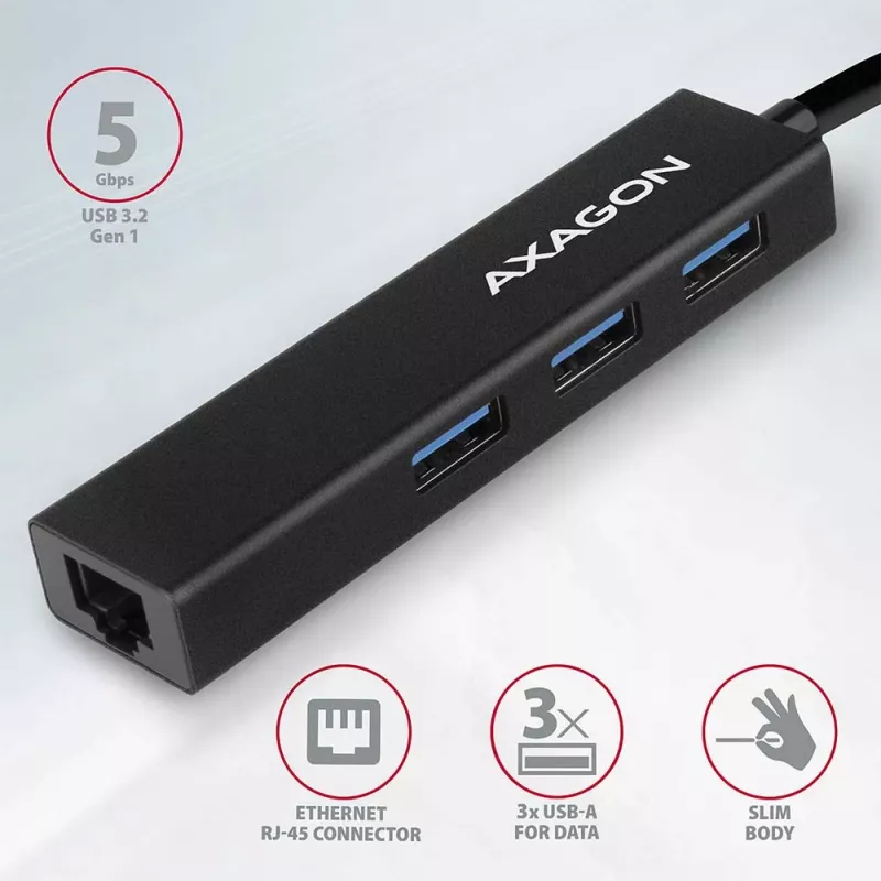 Axagon HMA-GL3A Multiport Hub USB 3.0 τύπου A Gbit-LAN 3x USB-A microSD Ενσύρματο USB 3.2 Gen 1 (3.1 Gen 1) Type-A Μαύρο