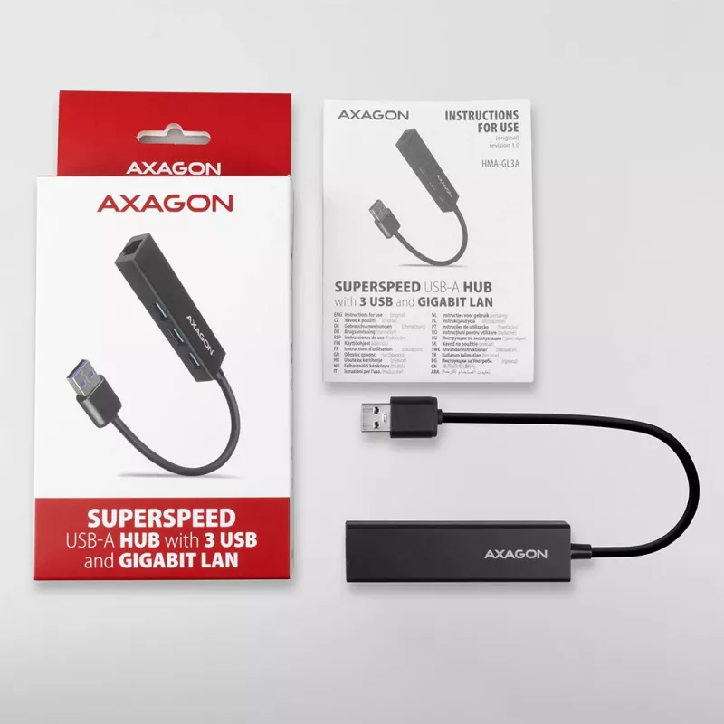 Axagon HMA-GL3A Multiport Hub USB 3.0 τύπου A Gbit-LAN 3x USB-A microSD Ενσύρματο USB 3.2 Gen 1 (3.1 Gen 1) Type-A Μαύρο