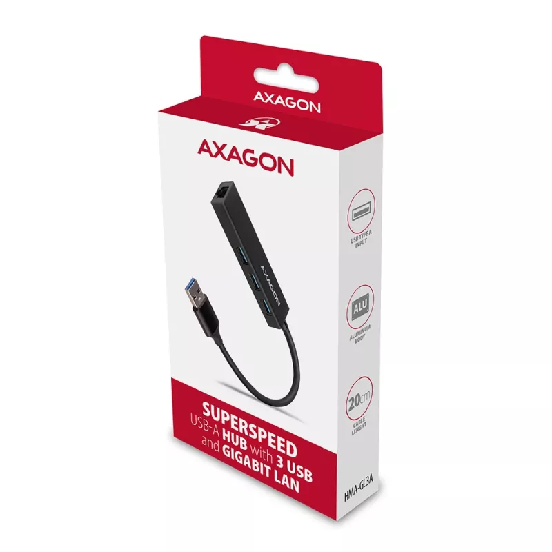 Axagon HMA-GL3A Multiport Hub USB 3.0 τύπου A Gbit-LAN 3x USB-A microSD Ενσύρματο USB 3.2 Gen 1 (3.1 Gen 1) Type-A Μαύρο