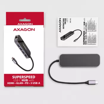 Axagon HMC-6GL USB 3.2 Gen 1 Hub, 3x USB-A, HDMI 4K/30Hz, RJ-45, PD 100W, καλώδιο USB-C 20 cm