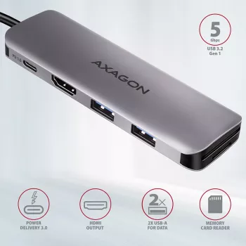 Axagon HMC-5 USB 3.2 Gen 1 Hub, 2x USB-A, HDMI, SD/microSD, PD 100W, καλώδιο USB-C 20 cm