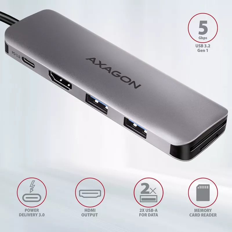 Axagon HMC-5 USB 3.2 Gen 1 Hub, 2x USB-A, HDMI, SD/microSD, PD 100W, καλώδιο USB-C 20 cm