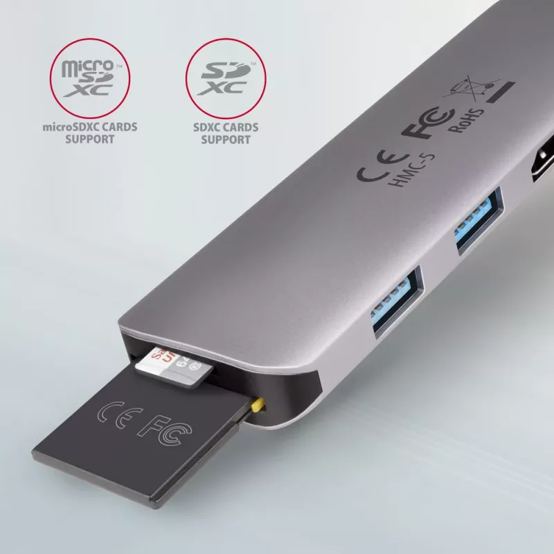 Axagon HMC-5 USB 3.2 Gen 1 Hub, 2x USB-A, HDMI, SD/microSD, PD 100W, καλώδιο USB-C 20 cm