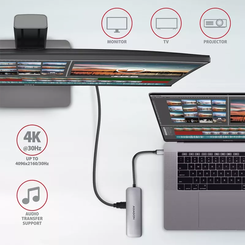 Axagon HMC-5 USB 3.2 Gen 1 Hub, 2x USB-A, HDMI, SD/microSD, PD 100W, καλώδιο USB-C 20 cm