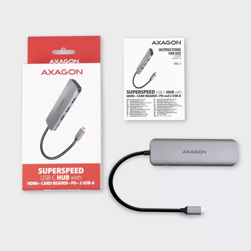 Axagon HMC-5 USB 3.2 Gen 1 Hub, 2x USB-A, HDMI, SD/microSD, PD 100W, καλώδιο USB-C 20 cm