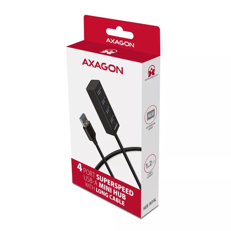 Axagon HUE-M1AL 4x USB 3.2 Gen 1 MINI-Hub, Μεταλλικό, καλώδιο USB-A 1,2 m