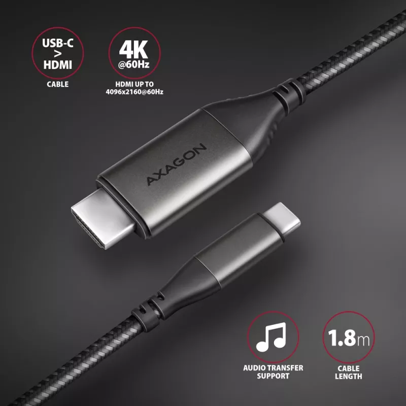 Axagon RVC-HI2MC Καλώδιο USB-C -> HDMI 2.0a 1,8m, 4K/60Hz HDR10