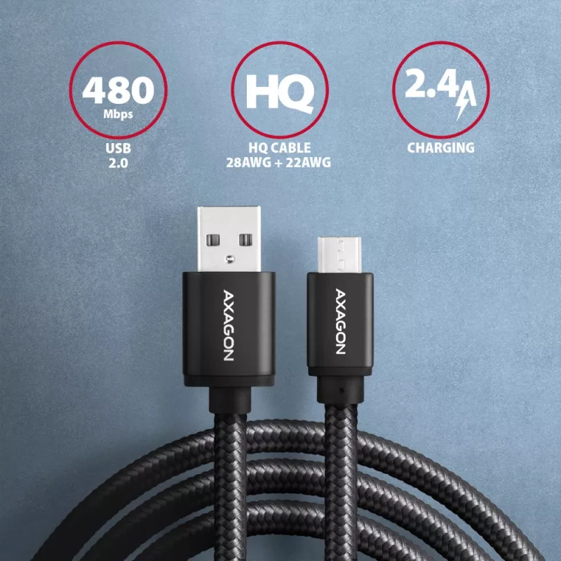 Axagon BUMM-AM10AB HQ Καλώδιο Micro USB <-> USB-A, 1m, USB 2.0, 2,4A, ALU, πλεκτό, μαύρο