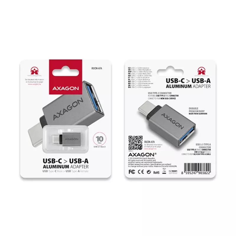 Axagon RUCM-AFA Προσαρμογέας USB-C (M) -> USB-A (F), USB 3.2 Gen 2, 3A, ALU
