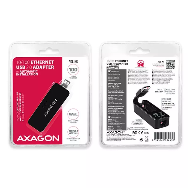 AXAGON ADE-XR προσαρμογέας USB 2.0 Type-A σε Fast Ethernet 10/100, RJ-45, Realtek RTL8152, μαύρος, 23 g