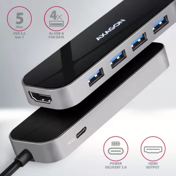 Axagon HMC-6H4A USB 3.2 Gen 1 Hub, 4x USB-A, HDMI 4K/30Hz, PD 100W, καλώδιο USB-C 20 cm