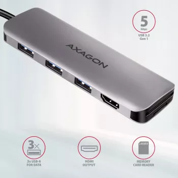 Axagon HMC-HCR3A 3x USB-A+ HDMI+ SD/microSD USB-C 3.2 Gen 1 Hub 20cm Ενσύρματο USB 3.2 Gen 1 (3.1 Gen 1) Type-C Γκρι