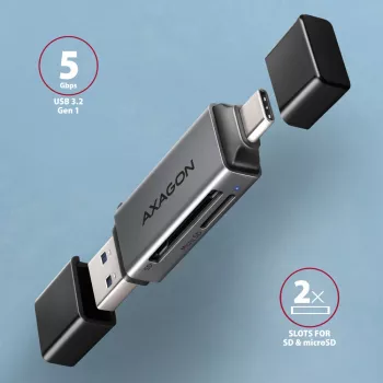 Axagon CRE-DAC USB-C+ USB-A 5 Gbps MINI 2-Slot & LUN Αναγνώστης καρτών SD/microSD USB 3.0 Type-A/Type-C Γκρι