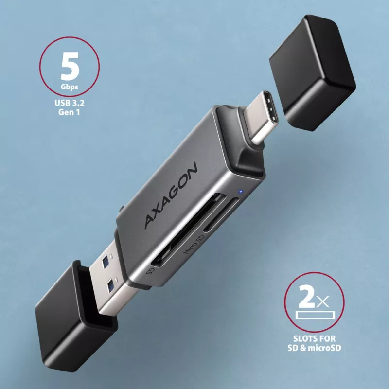Axagon CRE-DAC USB-C+ USB-A 5 Gbps MINI 2-Slot & LUN Αναγνώστης καρτών SD/microSD USB 3.0 Type-A/Type-C Γκρι