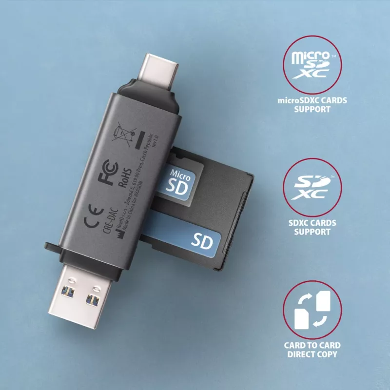 Axagon CRE-DAC USB-C+ USB-A 5 Gbps MINI 2-Slot & LUN Αναγνώστης καρτών SD/microSD USB 3.0 Type-A/Type-C Γκρι