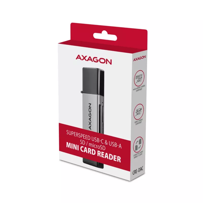 Axagon CRE-DAC USB-C+ USB-A 5 Gbps MINI 2-Slot & LUN Αναγνώστης καρτών SD/microSD USB 3.0 Type-A/Type-C Γκρι