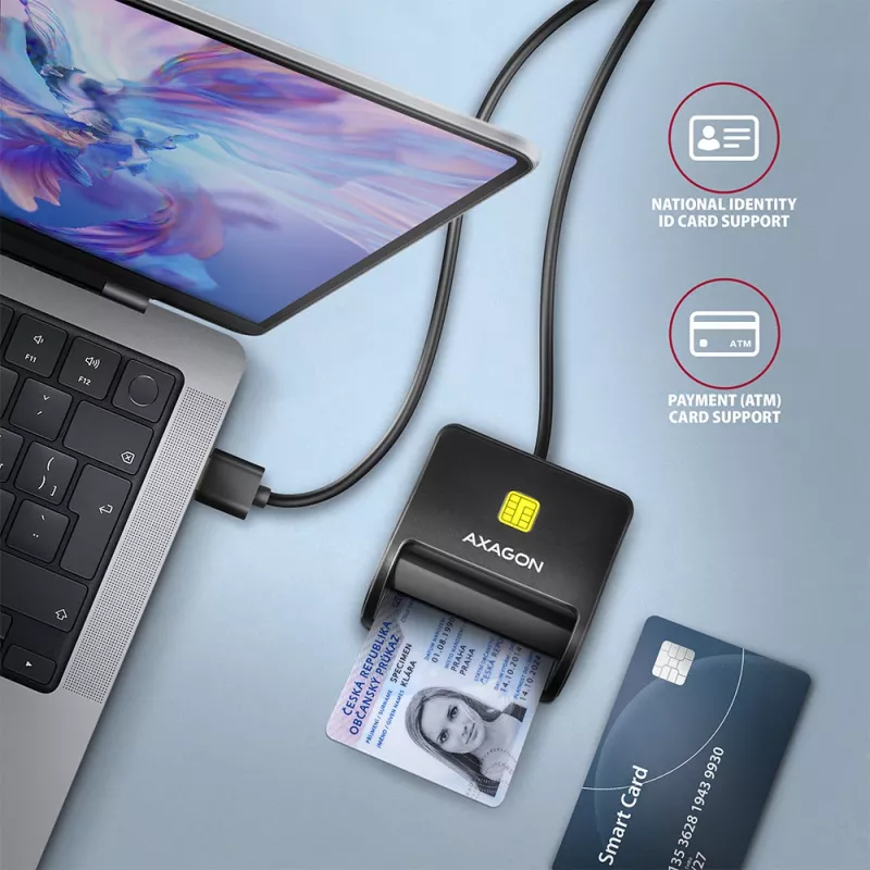 Axagon CRE-SM3N Επίπεδος αναγνώστης 스마트 καρτών/ID USB-A, USB 2.0, 1,3 m, Μαύρο, 57 g