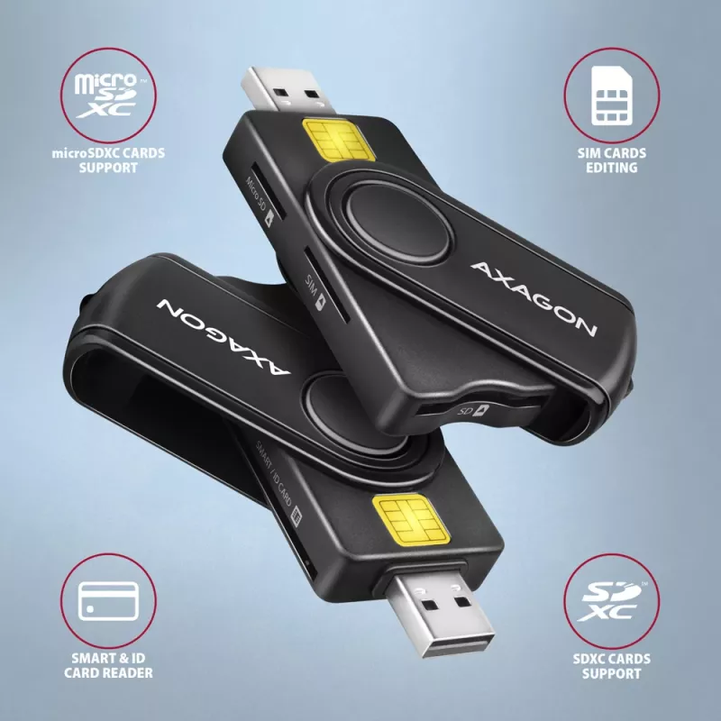 Axagon CRE-SMP2A Αναγνώστης καρτών USB Smartcard & SD/microSD/SIM PocketReader Indoor USB Type-A/USB Type-C Μαύρο