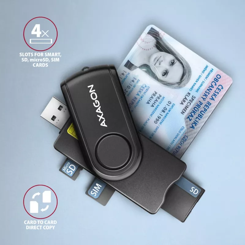 Axagon CRE-SMP2A Αναγνώστης καρτών USB Smartcard & SD/microSD/SIM PocketReader Indoor USB Type-A/USB Type-C Μαύρο