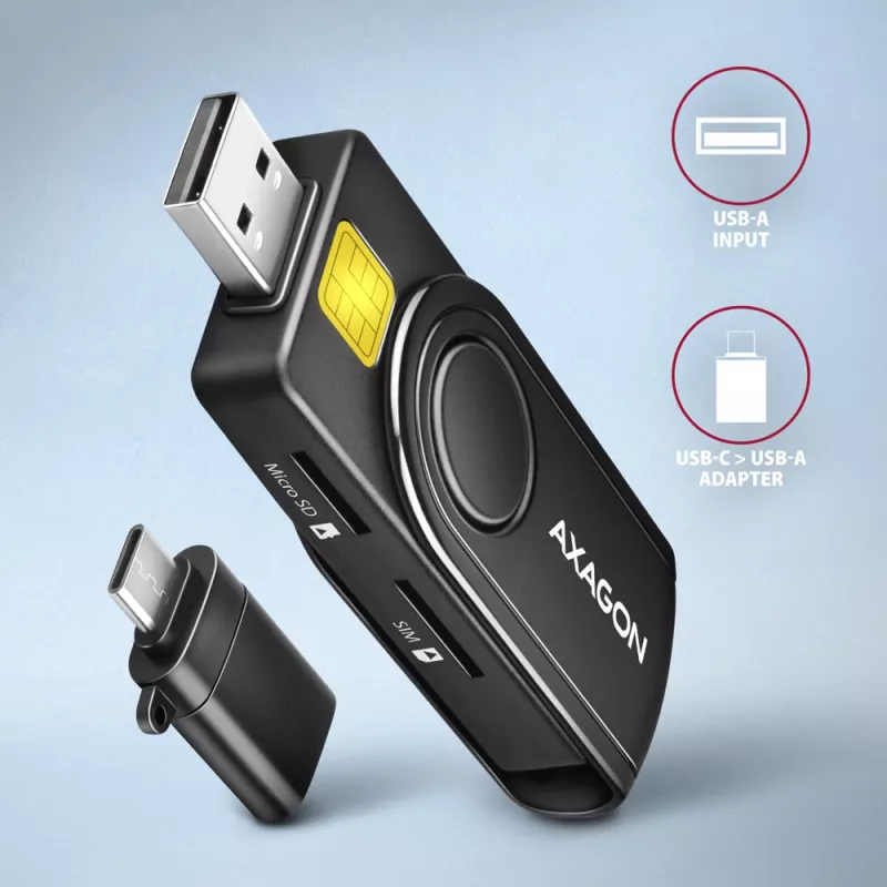 Axagon CRE-SMP2A Αναγνώστης καρτών USB Smartcard & SD/microSD/SIM PocketReader Indoor USB Type-A/USB Type-C Μαύρο