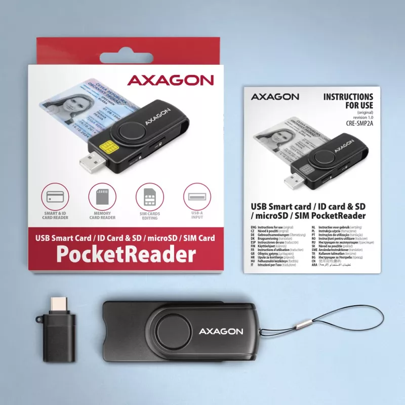 Axagon CRE-SMP2A Αναγνώστης καρτών USB Smartcard & SD/microSD/SIM PocketReader Indoor USB Type-A/USB Type-C Μαύρο