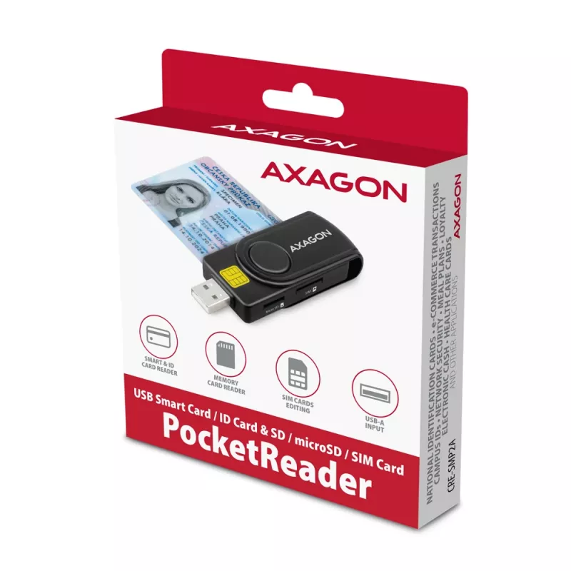 Axagon CRE-SMP2A Αναγνώστης καρτών USB Smartcard & SD/microSD/SIM PocketReader Indoor USB Type-A/USB Type-C Μαύρο