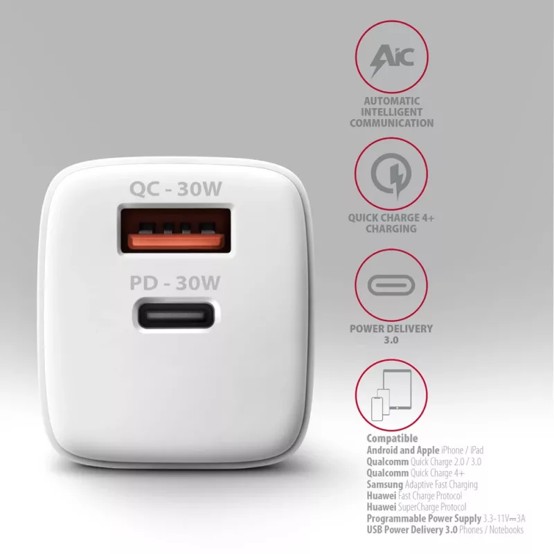 Φορτιστής Axagon ACU-PQ30W QC3.0 30W USB-C Λευκό