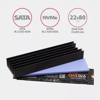 Axagon CLR-M2L10 Παθητική ψύκτρα αλουμινίου για όλα τα M.2 SSD, μέγεθος 2280, ύψος 10 mm.